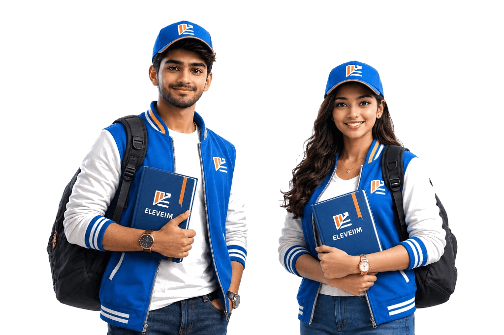 ELEVEIIM male and female students in branded apparel promoting the scholarship program