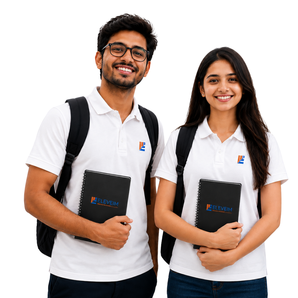 ELEVEIIM male and female students in branded apparel promoting the scholarship program
